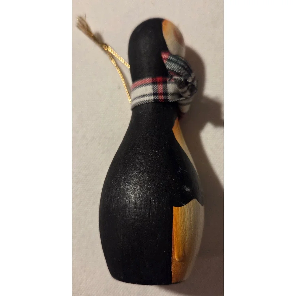 Hand Painted Wooden‎ Penguin Ornament Bowling Pin Shape Plaid Scarf Christmas